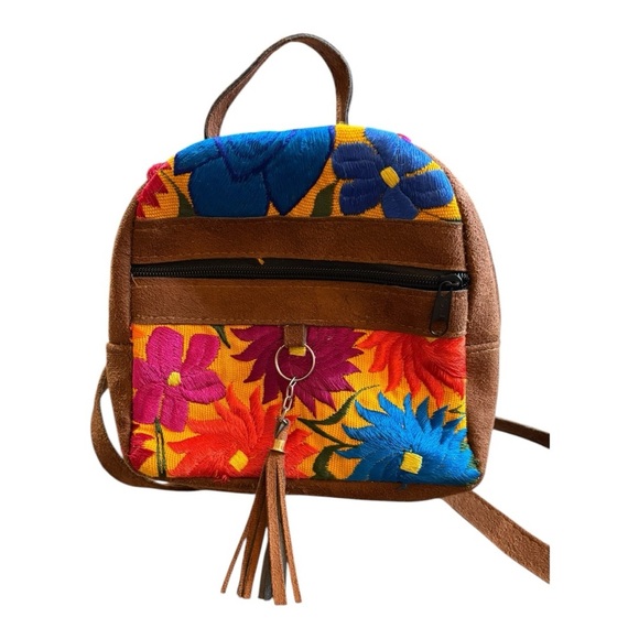 Handbags - Mexican Boho brown leather backpack with floral embroidery and tassel
